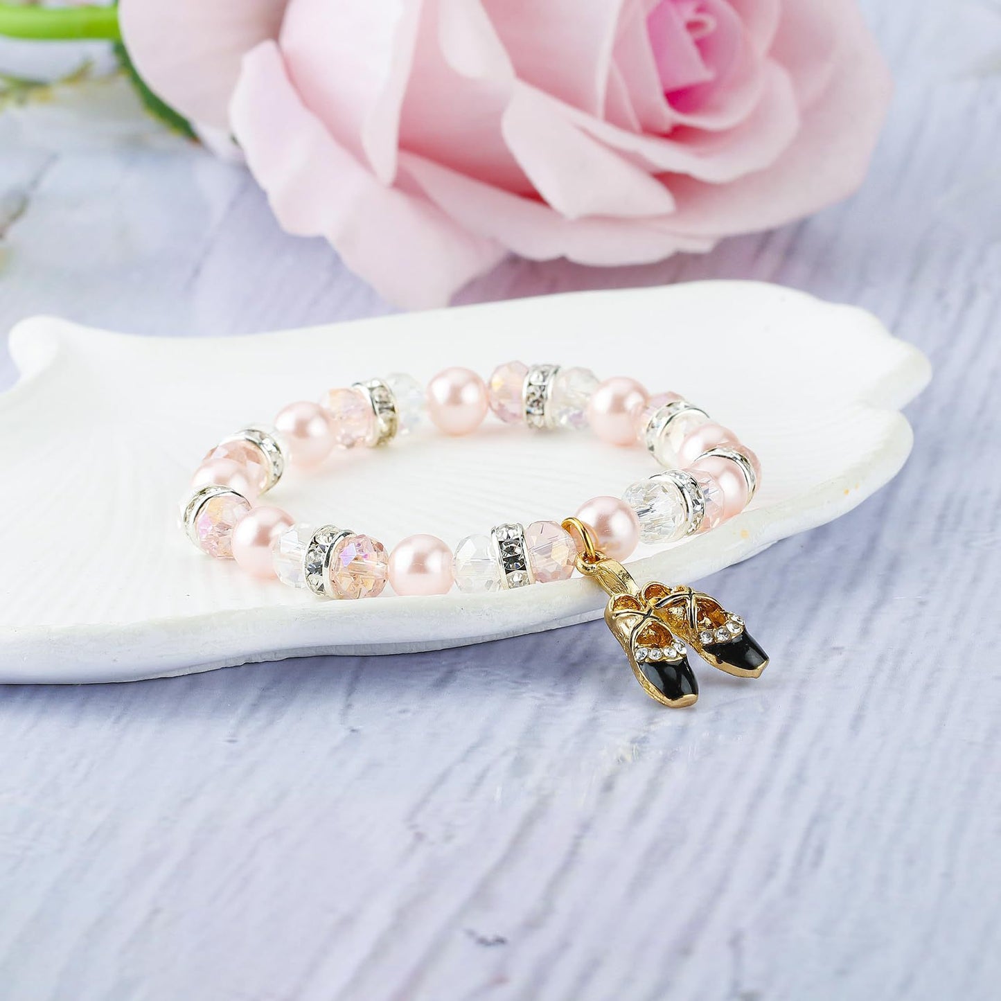 Sweet Imitation Pearl Ballet Shoe Charm Bracelet for Women Girls Dancer Gift