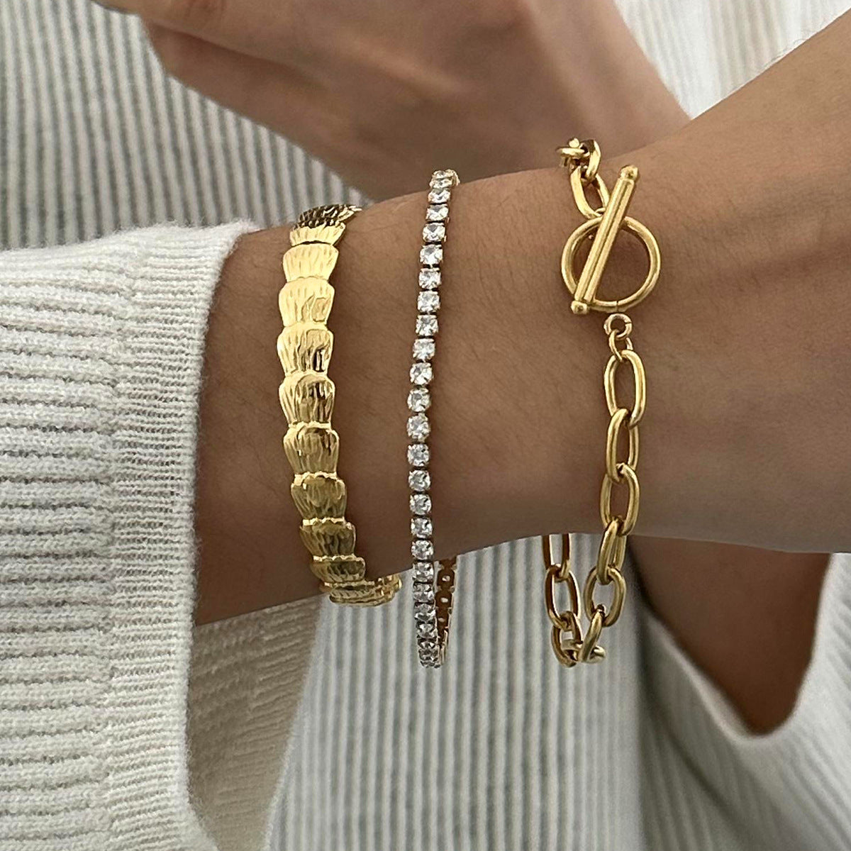 18K Gold Plated Stainless Steel Round Geometric Cubic Zirconia Bracelet
