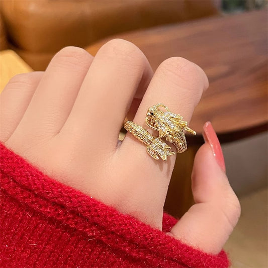 Original Design Dragon Shape Copper Plated 18K Gold Tone Titanium Steel Adjustable Ring for Women and Men with Luxury Feel