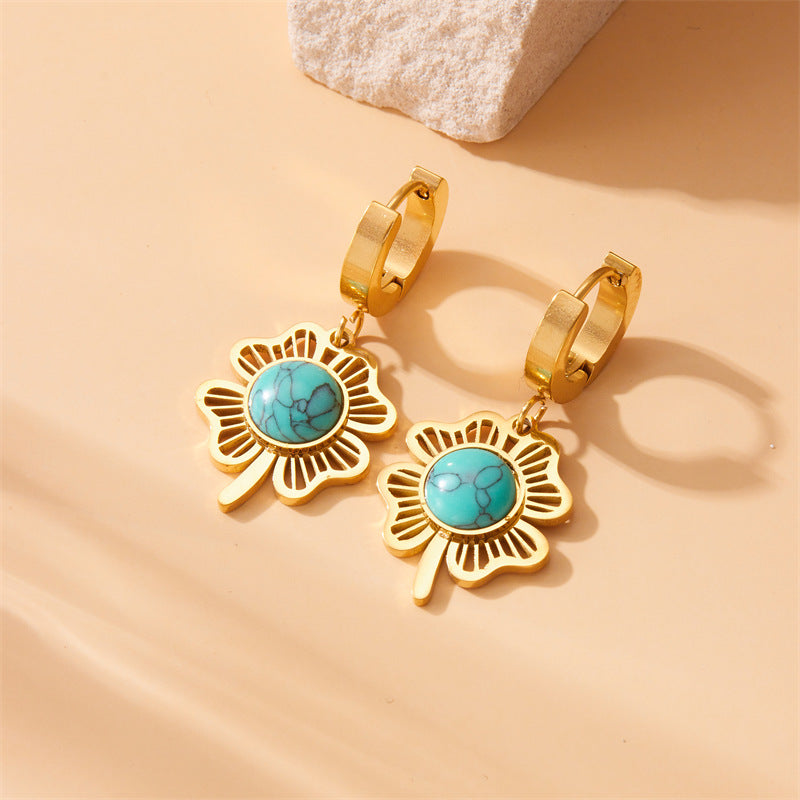 Vintage Elegant Fashionable Stainless Steel Plated Four-Leaf Clover Tree of Life Round Pendant Necklace Set with Earrings