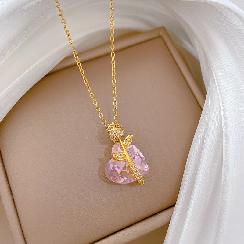 Pink Heart Rose Pendant Necklace for Women Stainless Steel Minimalist Elegant Collarbone Chain with Rhinestone Accents