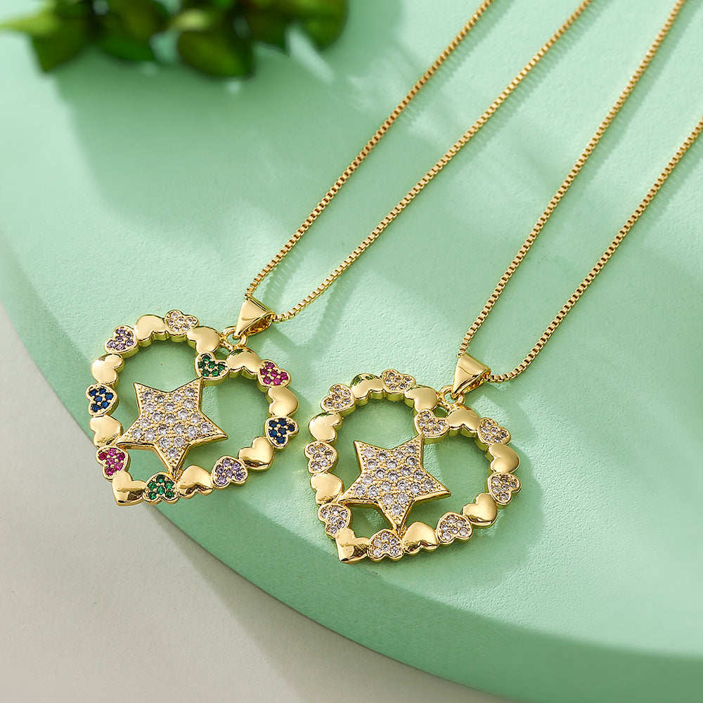 Collana da Donna Minimalista con Ciondolo a Stella a Cinque Punte e Cuore in Rame Placcato Oro Vero con Intarsi in Zirconi