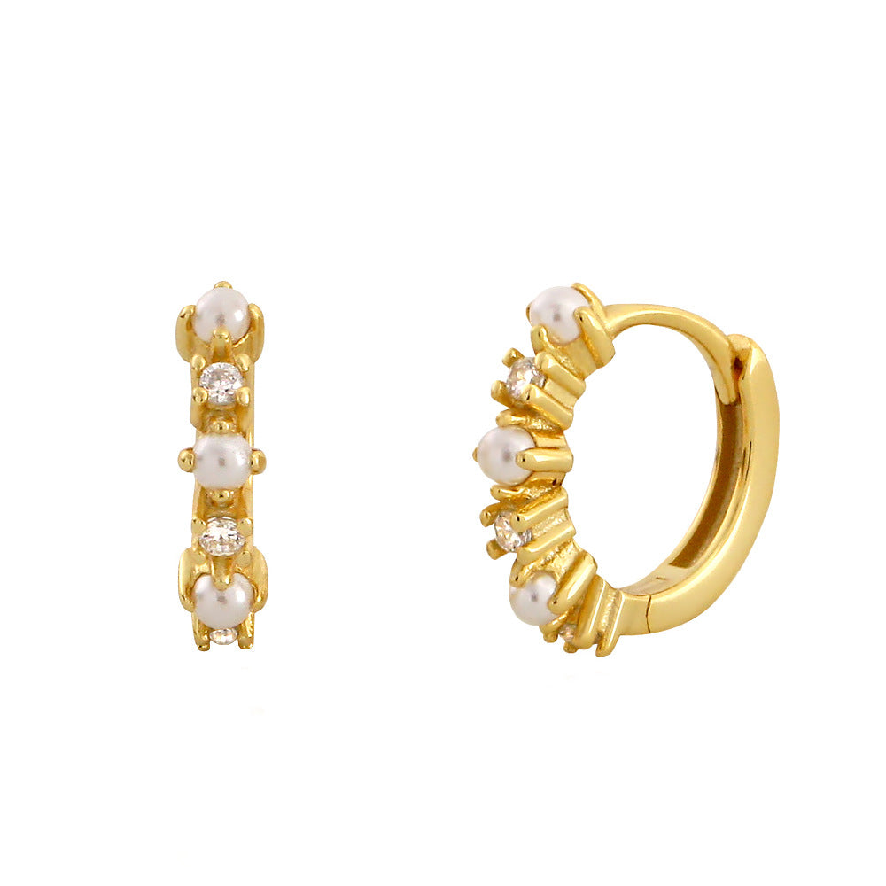 Orecchini a perno da donna in argento sterling S925, eleganti, geometrici, con intarsio di strass e dettagli effetto perla