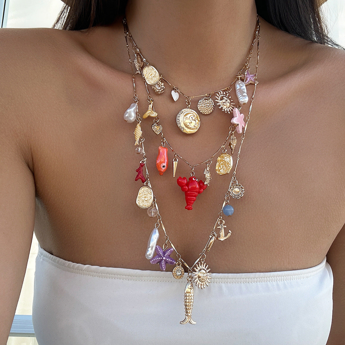 Collana con Pendente Guscio Marino e Stella Marina Boho Chic con Dettagli Nappa, Collana in Lega Multistrato con Finitura Placcata per Donne