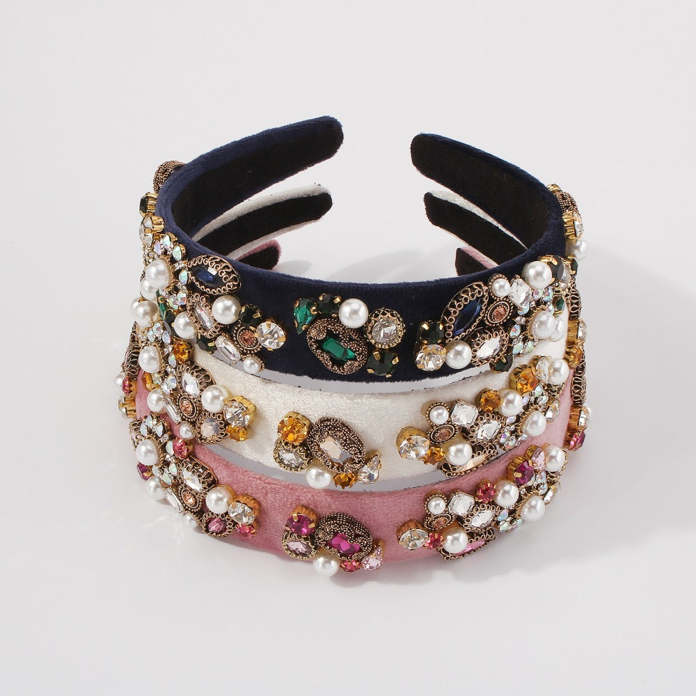 Cerchietto Barocco Geometrico da Donna con Struttura in Lega, Fascia in Velluto, Dettagli in Strass e Perle, Copricapo di Lusso Stile Palazzo