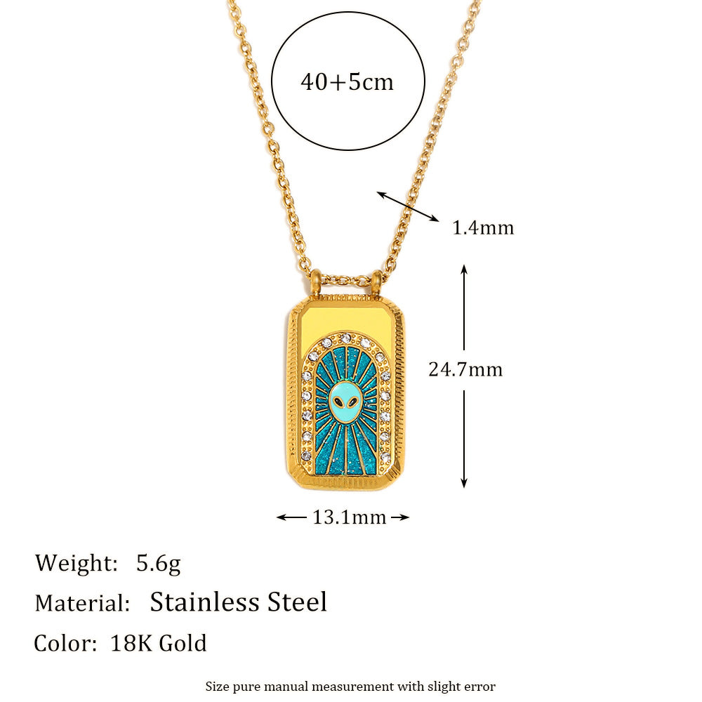 Vintage Elegant Geometric Square Stainless Steel Gold Plated Drip Oil Tarot Pendant Necklace for Women