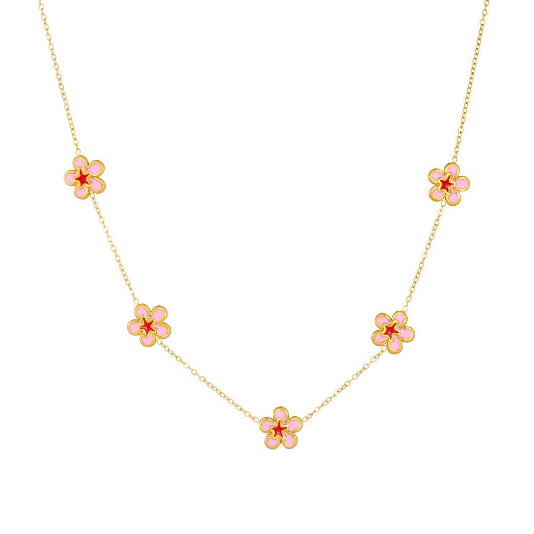 Sweet Minimalist Gold Plated Drip Oil Floral Stainless Steel Necklace Set for Women