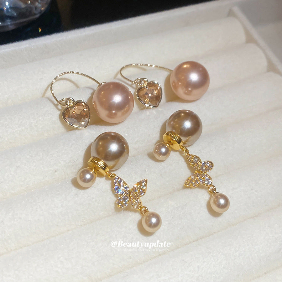 Elegantes Pendientes de Tuerca para Mujer de Estilo Retro Francés con Mariposa y Perla en Forma de Corazón con Circonitas y Postes de Acero Inoxidable