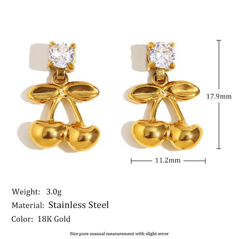 Fashionable OL Style Floral Shape Stainless Steel Plated 18K Gold Cherry and Double Ring Hoop Stud Earrings for Women