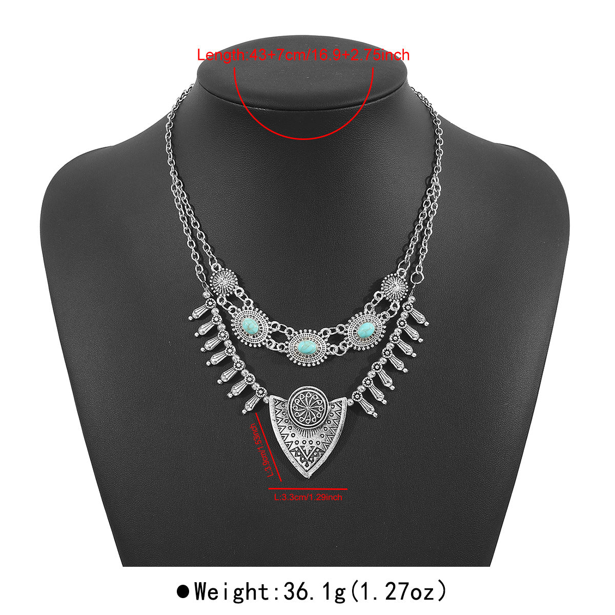 Collana Etnica Bohemien Vintage Turchese con Pendente Geometrico in Lega di Zinco Placcato per Donna