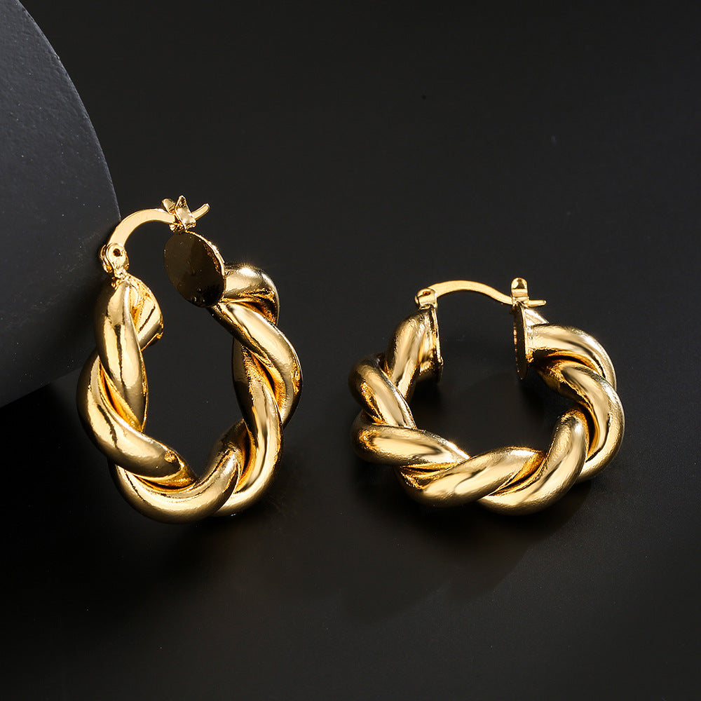 Orecchini Geometrici Vintage Grandi in Rame Placcato Oro Vero con Intarsio di Zirconi per Donna