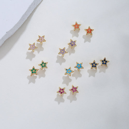 Cute Fresh Geometric Star Stud Earrings for Women in Copper with 18K Gold Plating and Micro-Paved Zirconia