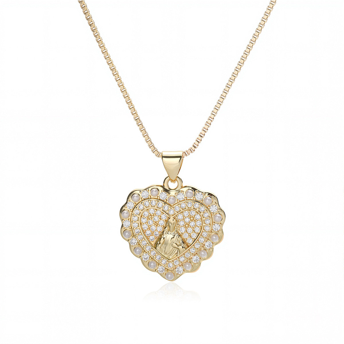 Vintage Elegant 18K Gold Plated Brass Heart Necklace with Cubic Zirconia and Pearl