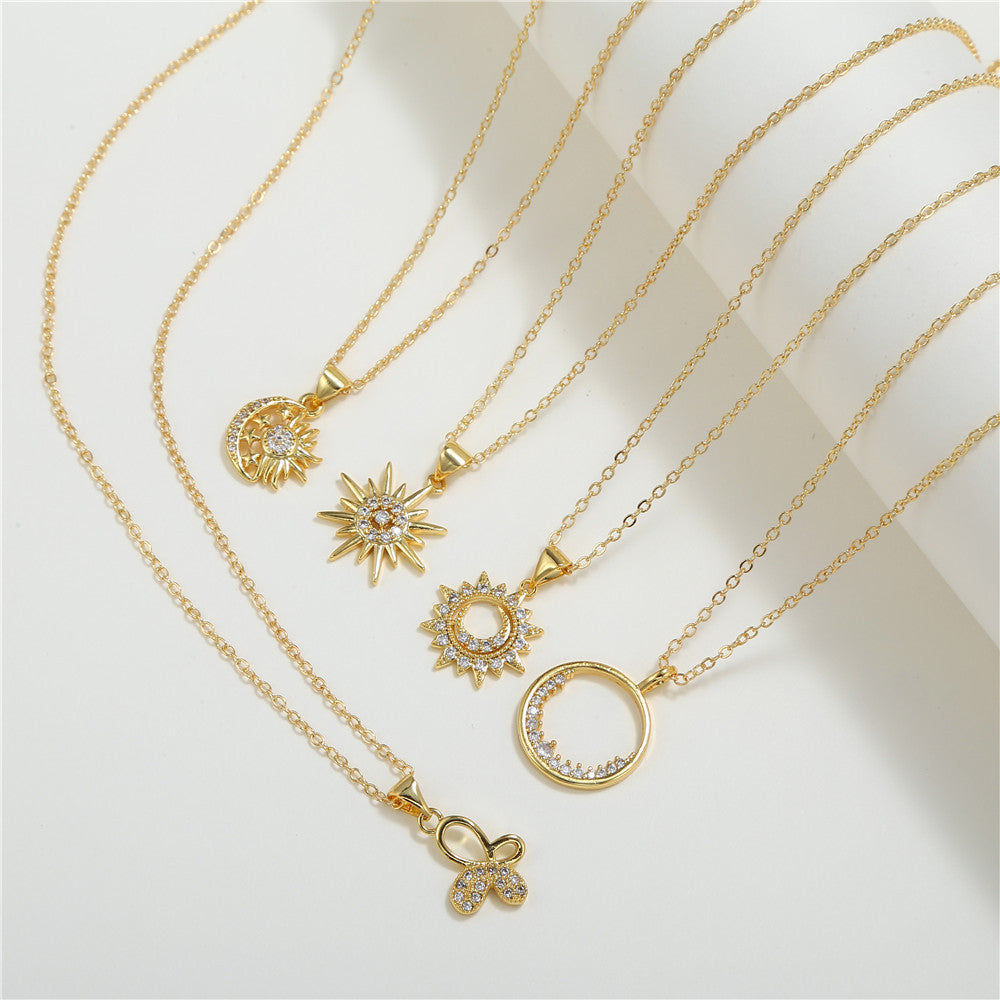 Casual Geometric Moon Sun Floral Brass Glass Cubic Zirconia Necklace Ball Chain Unisex