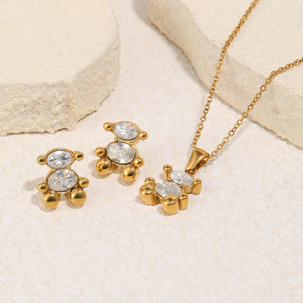 Casual 18K Gold Plated Stainless Steel Bear Cubic Zirconia Pendant Necklace for Women