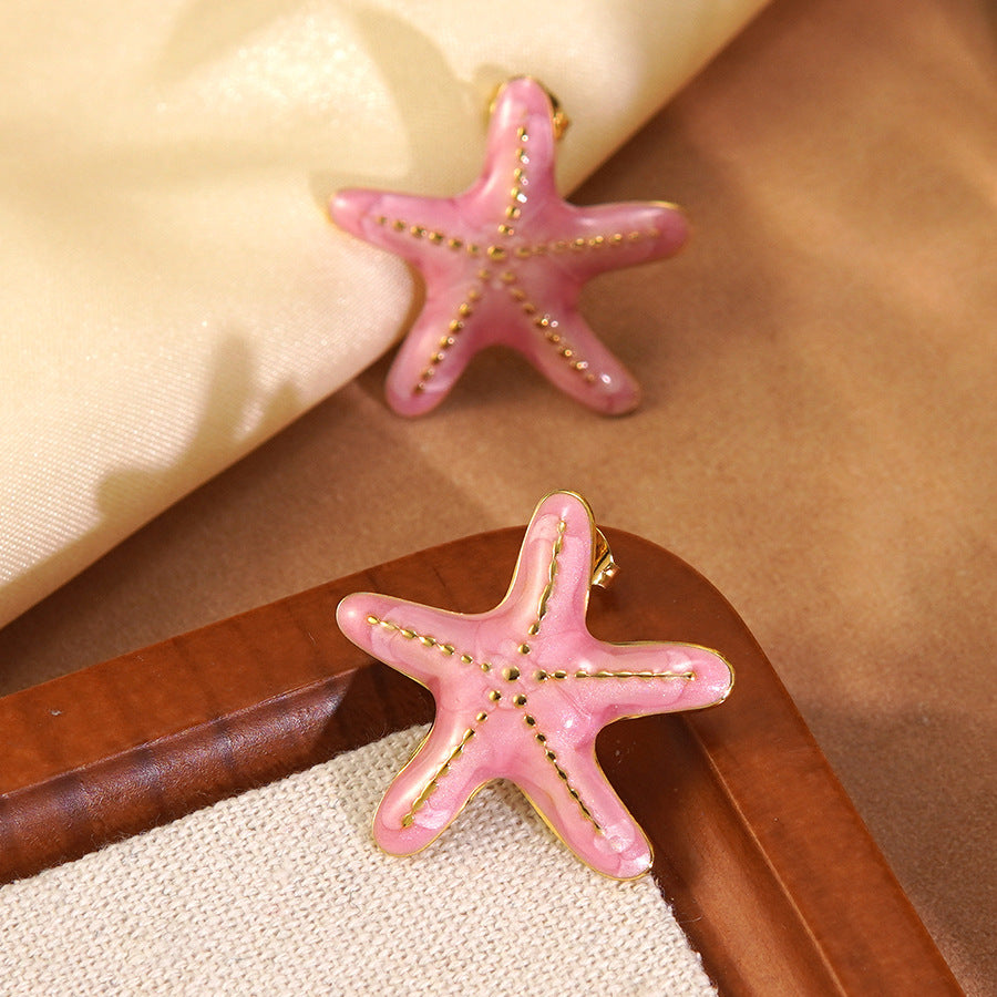 Luxury Colorful Drip Oil Starfish Stainless Steel Earrings for Women