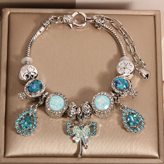 Minimalist Luxury Blue Crystal Teardrop Butterfly Charm Bracelet for Women