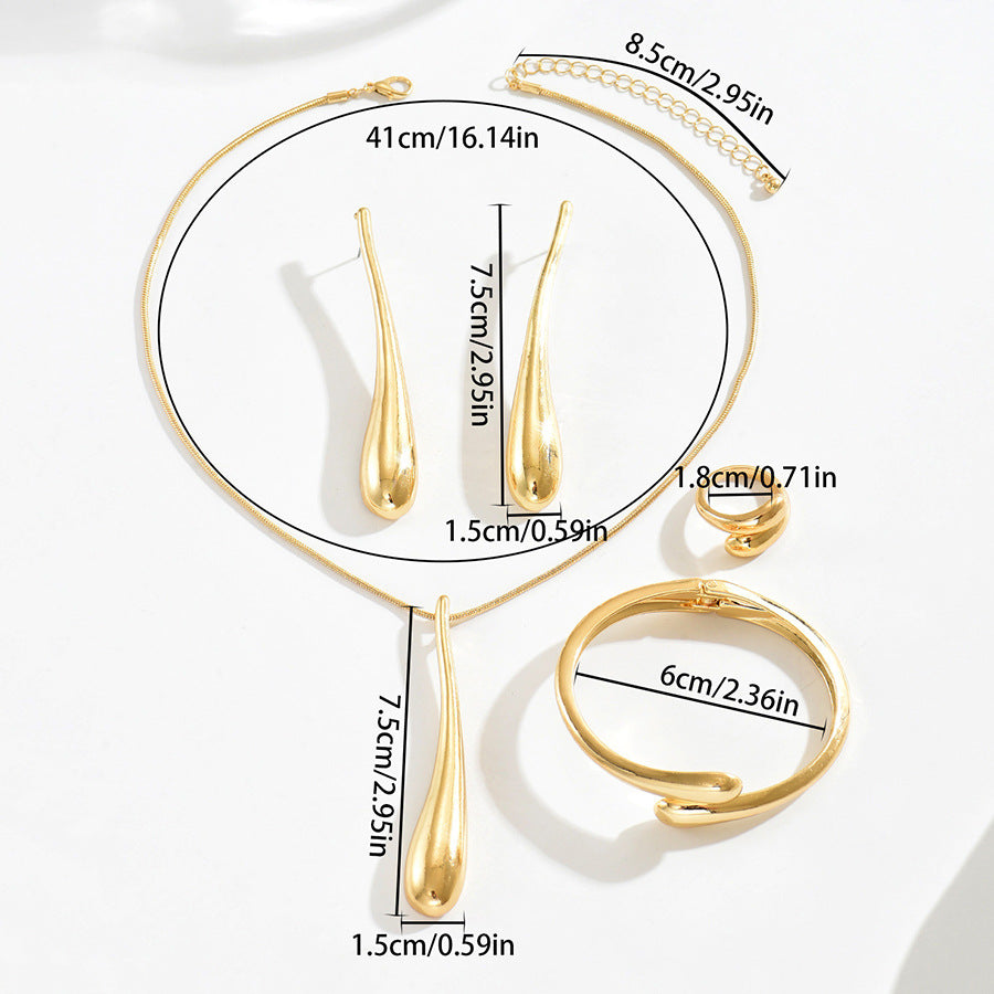 Conjunto de collar de aleación pulida con diseño de gota de agua geométrica para mujer con pendientes, pulsera y anillo a juego