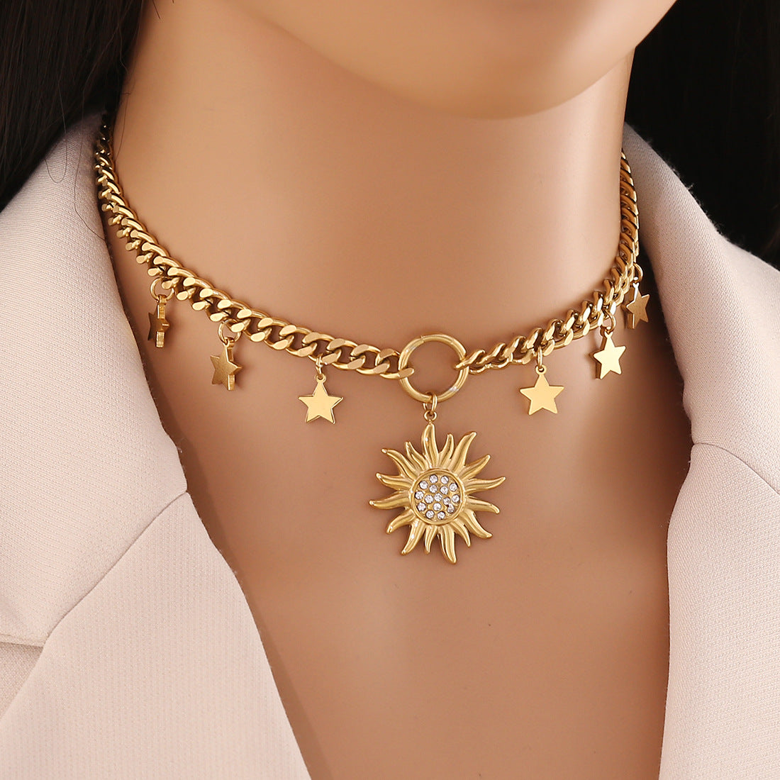Collana personalizzata con ciondolo a stella e sole in acciaio inossidabile con stella a otto punte e croce
