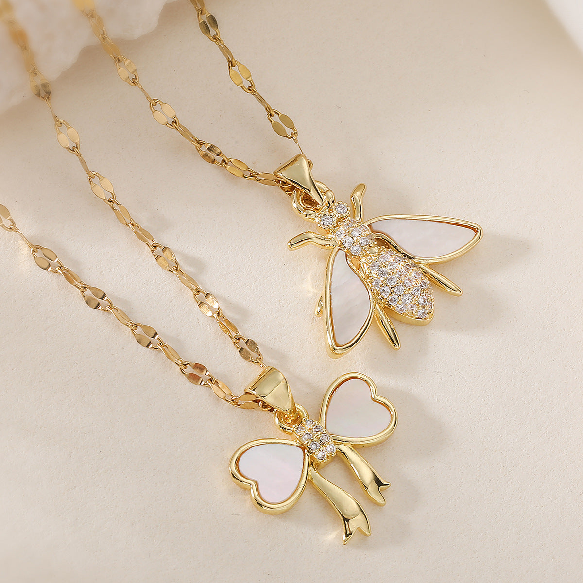 Minimalist Gold Plated Brass Bow Pendant Necklace with Cubic Zirconia for Women