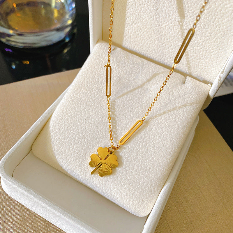 Fashionable 18K Gold Plated Titanium Steel Four-Leaf Clover Necklace for Unisex