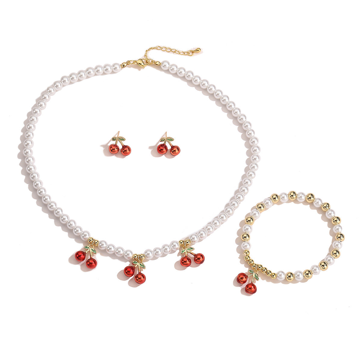 Minimalist Cherry-Shaped Pendant Necklace Set with Copper Base Plated in 18K Gold and Enamel Finish, Featuring Zircon Inlay and Irregular Design for Women