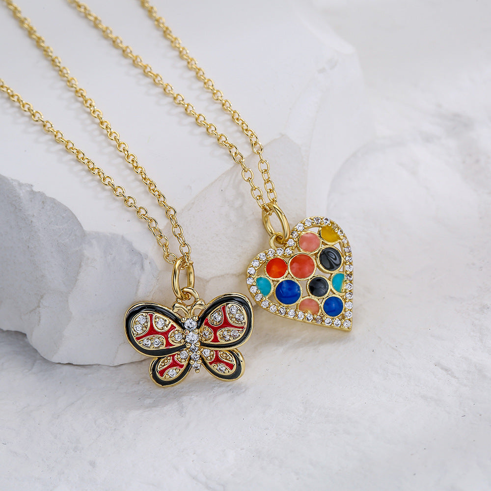 Minimalist Heart and Butterfly Pendant Necklace for Women in Copper with 18K Gold Plating, Geometric Design Locket Chain