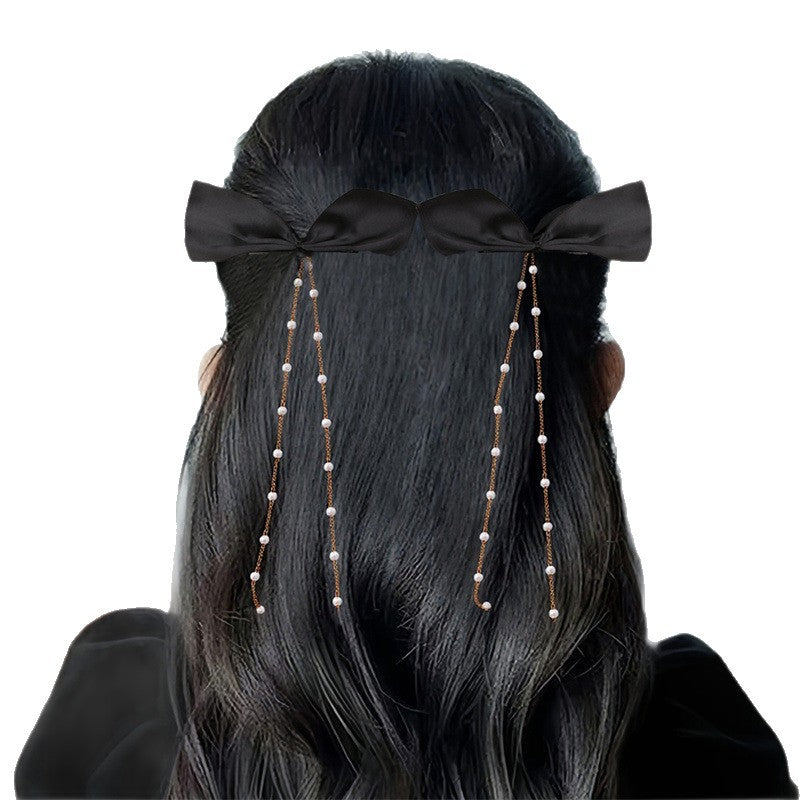 Natural Style Bow-Shaped Hair Clip for Girls with Tassel and Pearl Accents, Resin Plastic Duckbill Clamp for Halloween and Everyday Wear