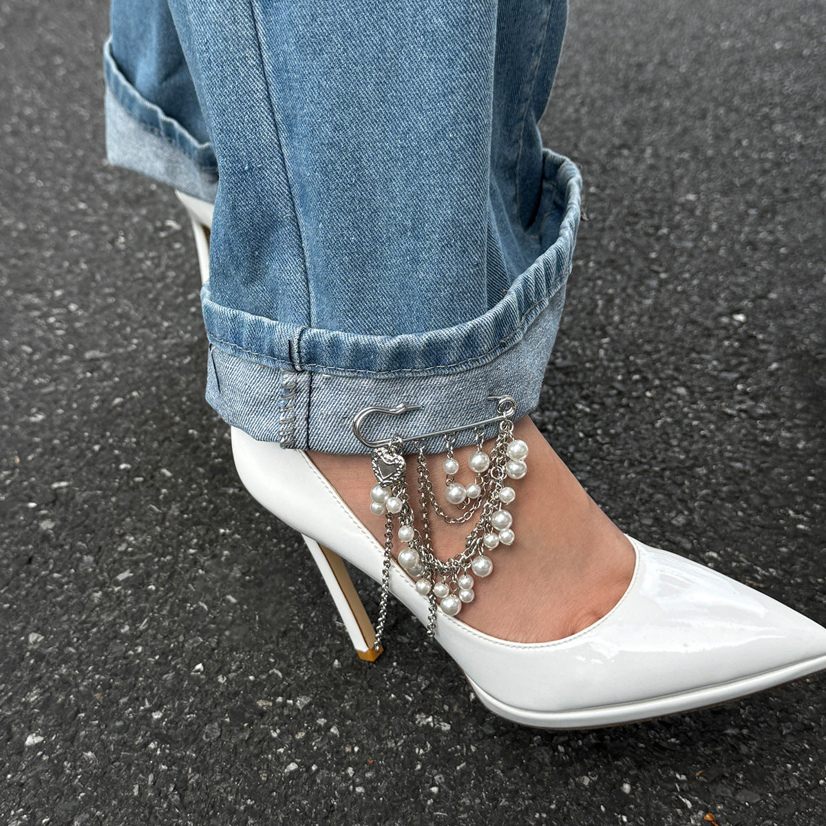 Minimalist Heart Faux Pearl Alloy Anklet with Tassel Chain