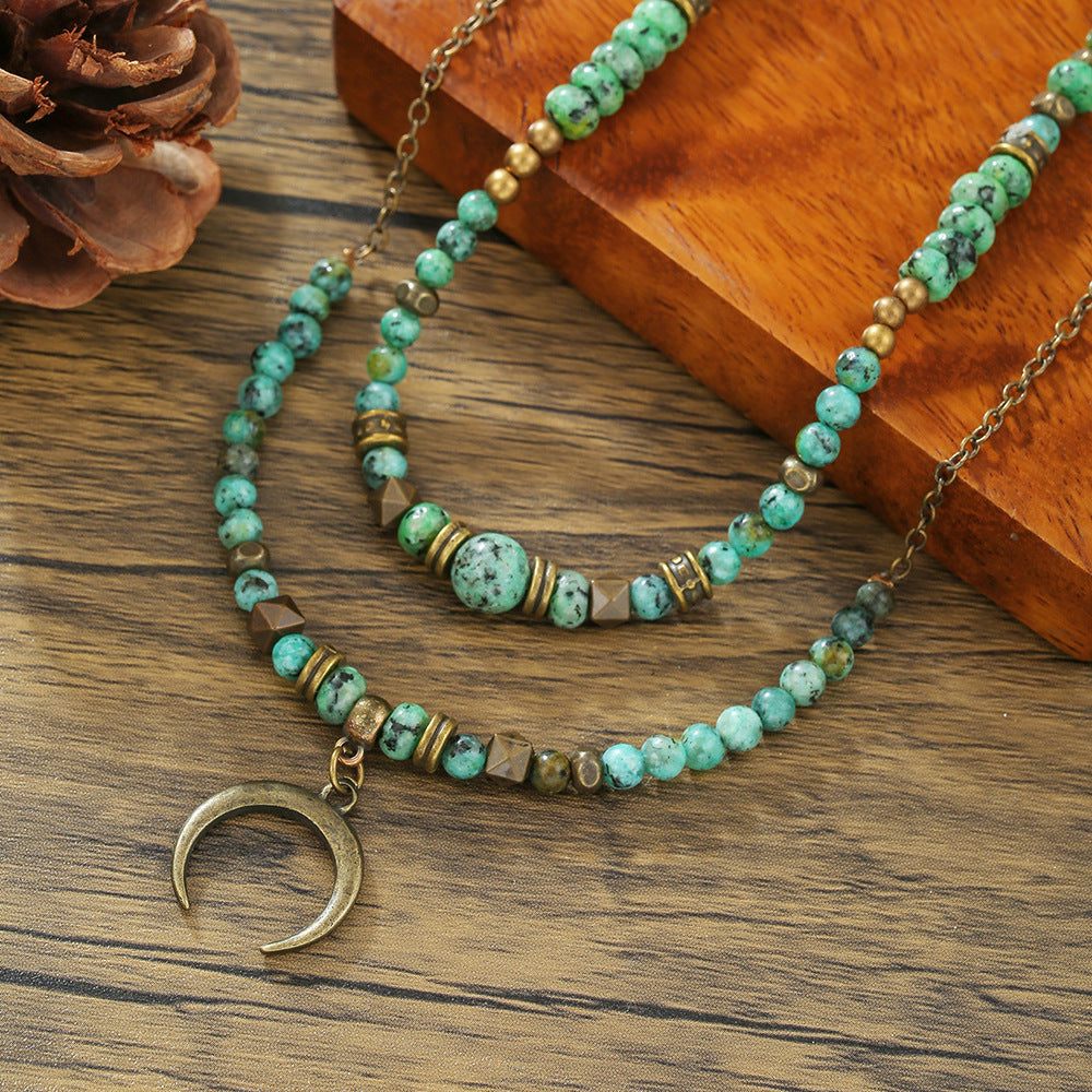 Vintage Moon Geometric Alloy Turquoise Beaded Cable Chain Necklace