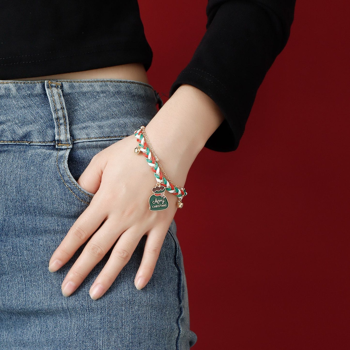 Handmade Christmas Bracelet with Santa Hat Charm, Colorful Two-Tone Braided Cord, Geometric and Cartoon Design, Electroplated Finish