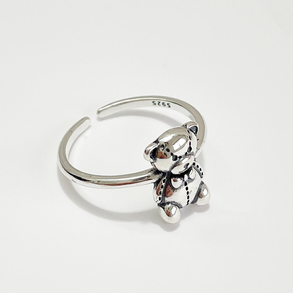 Minimalist Bear-Shaped 925 Sterling Silver Ring for Women with Inlay Craftsmanship
