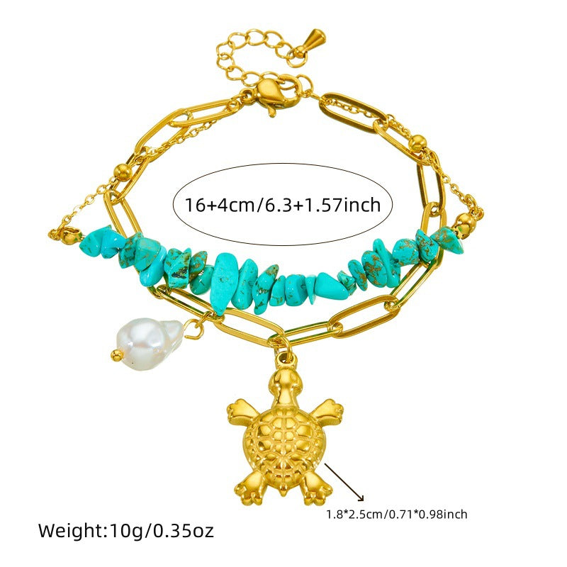 Pulsera de doble capa de acero inoxidable chapado con perlas de tortuga turquesas individualistas