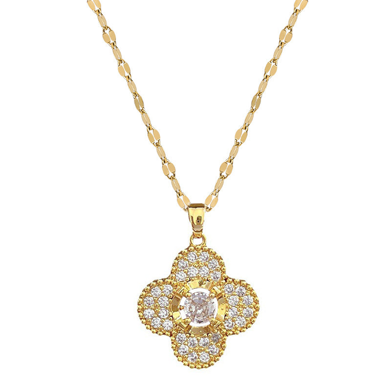 Luxury Titanium Steel Micro-Pave Four-Leaf Clover Necklace and Earrings Set for Women, Geometric Design, Plated Finish, Elegant Evening Wear