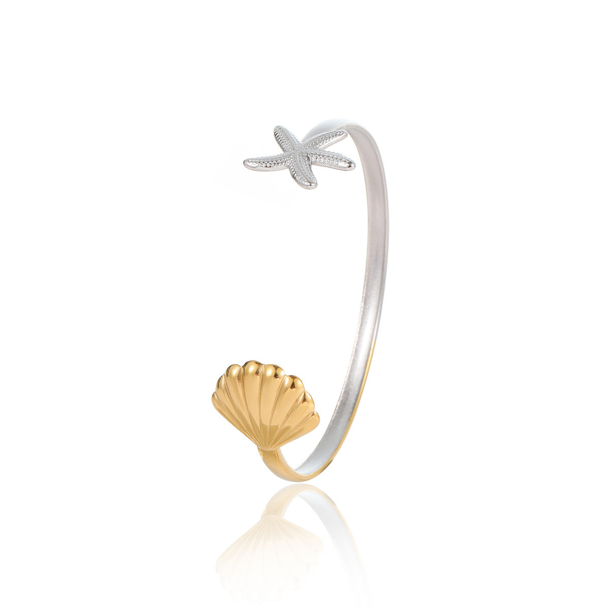 Juego de pulsera y anillo abierto de acero titanio minimalista, inspirado en el océano, con diseño de estrella de mar y vieira con baño de oro.