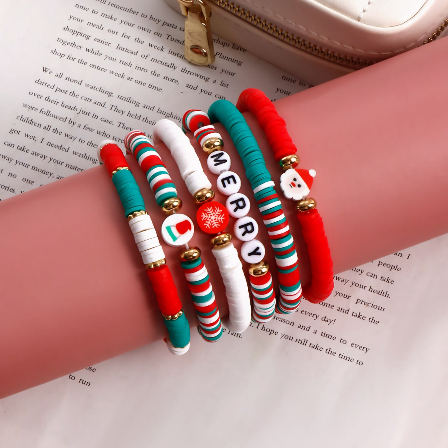 INS Style Geometric Shape Polymer Clay Elastic Bracelet for Women with Plated Finish Christmas Gift