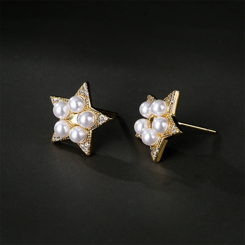 Gold Plated Brass Star Stud Earrings with Cubic Zirconia and Pearl Inlay
