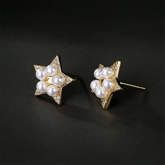Gold Plated Brass Star Stud Earrings with Cubic Zirconia and Pearl Inlay