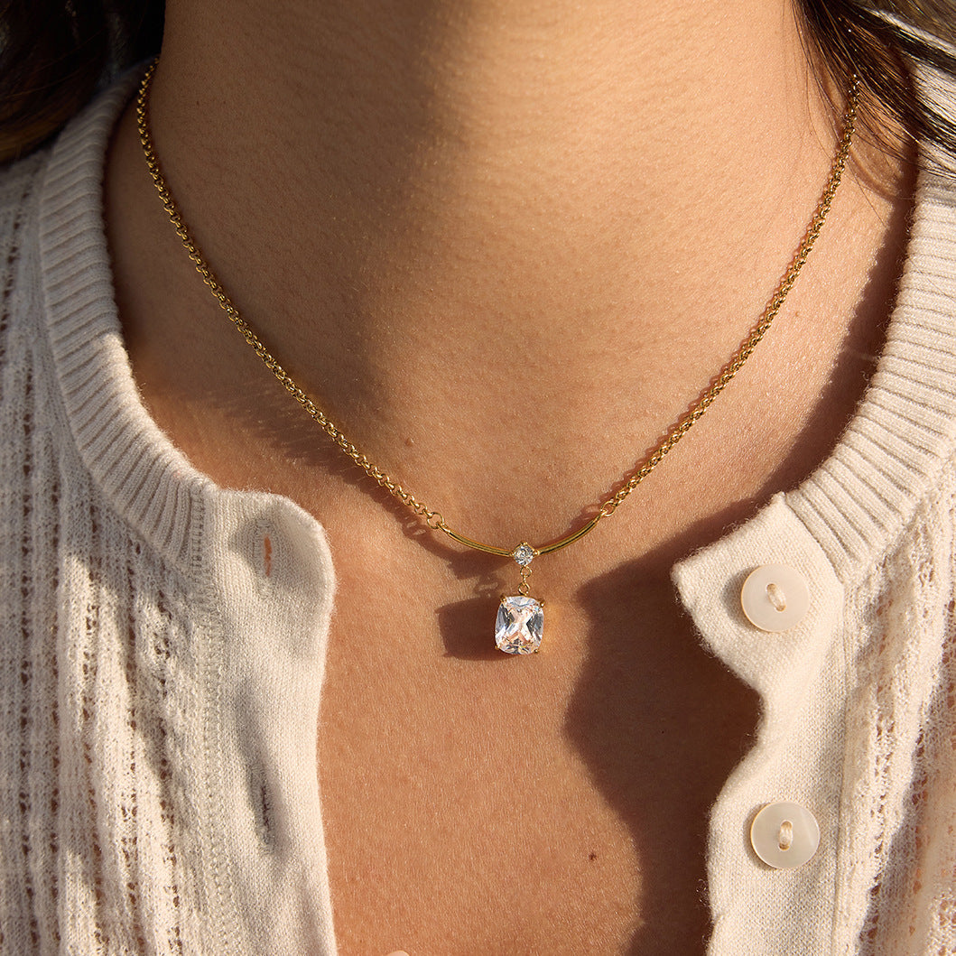 Minimalist Geometric Square Stainless Steel PVD Cubic Zirconia Pendant Necklace for Women