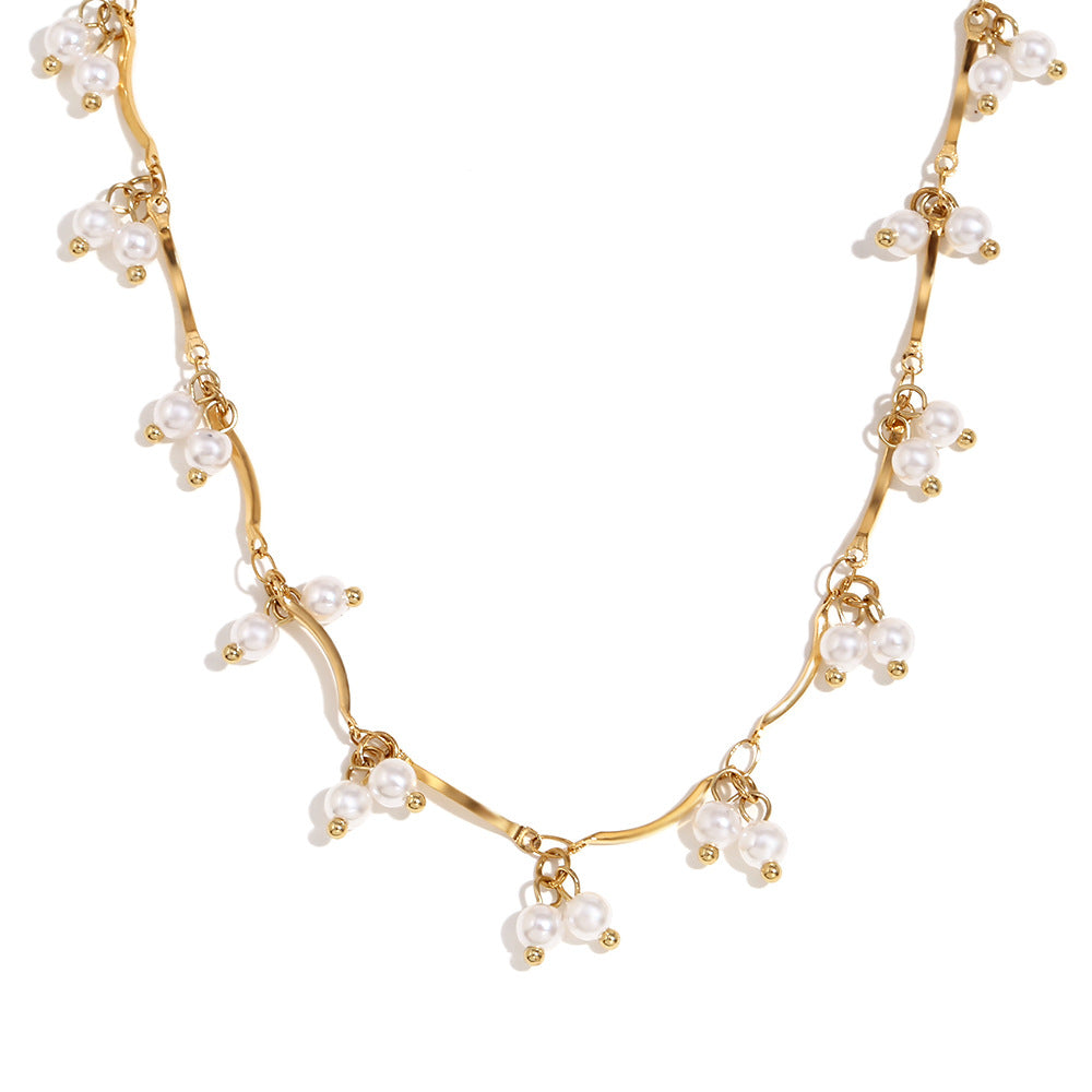 Minimalist Geometric Stainless Steel Pendant Necklace with 18K Gold Plating and Pearl-Style Accents for Women