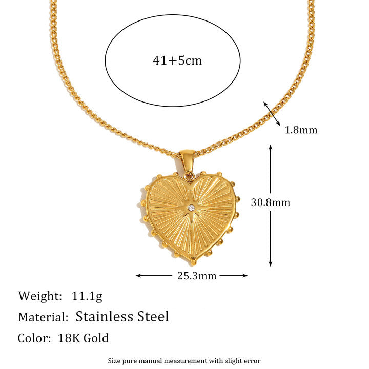 Fashionable Heart-Shaped Stainless Steel Pendant Necklace with 18K Gold Plating and Rhinestone Accents for Women