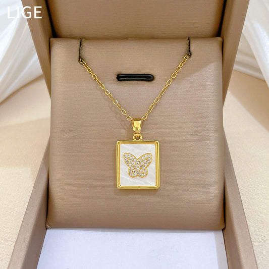 Sweet Square Butterfly Rhinestone Pendant Titanium Steel Necklace for Unisex