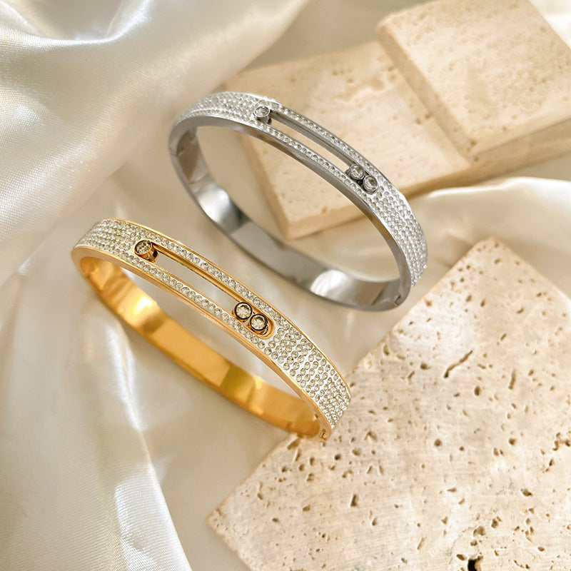 Vintage Geometric Titanium Steel Plated Cubic Zirconia Sliding Bracelet for Women