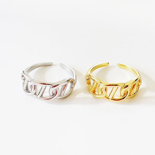 Anillo Abierto Minimalista de Plata de Ley 925 Bañado en Oro con Letra para Mujer