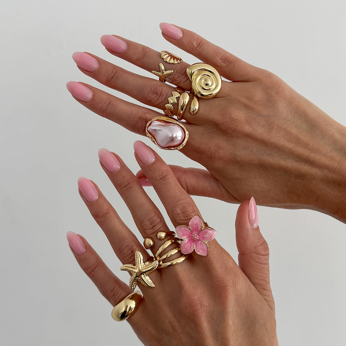 Sweet Floral Starfish Shell Zinc Alloy Plated Drip Oil Faux Pearl Open Ring for Women