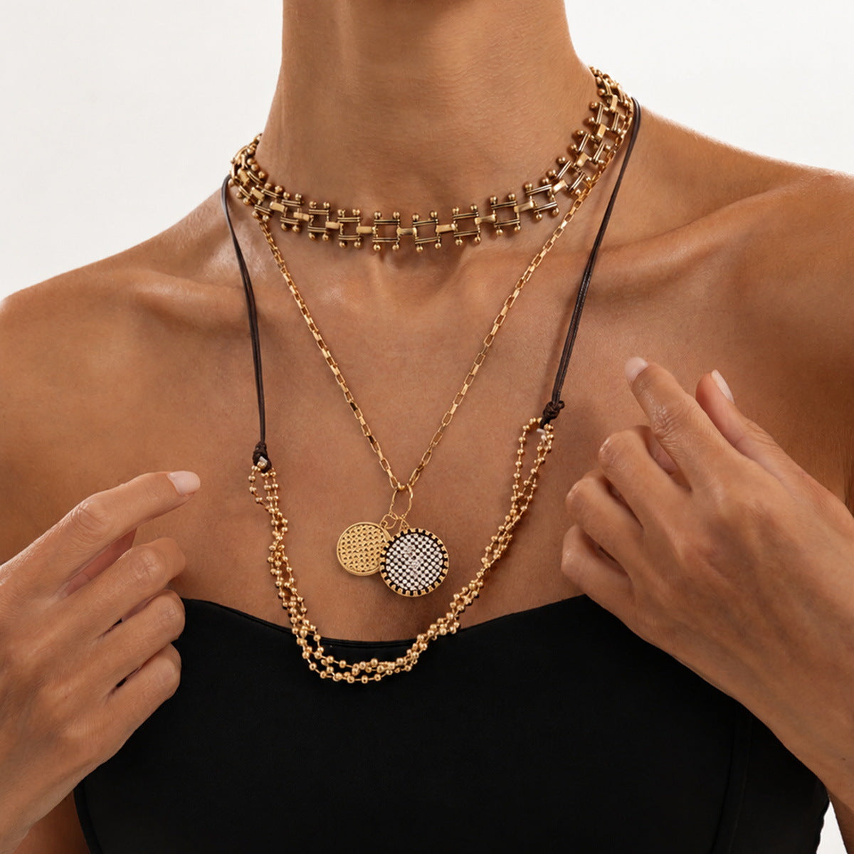 Vintage Punk Geometric Round Zinc Alloy Pendant Plated Iron Multi-layer Necklace for Women