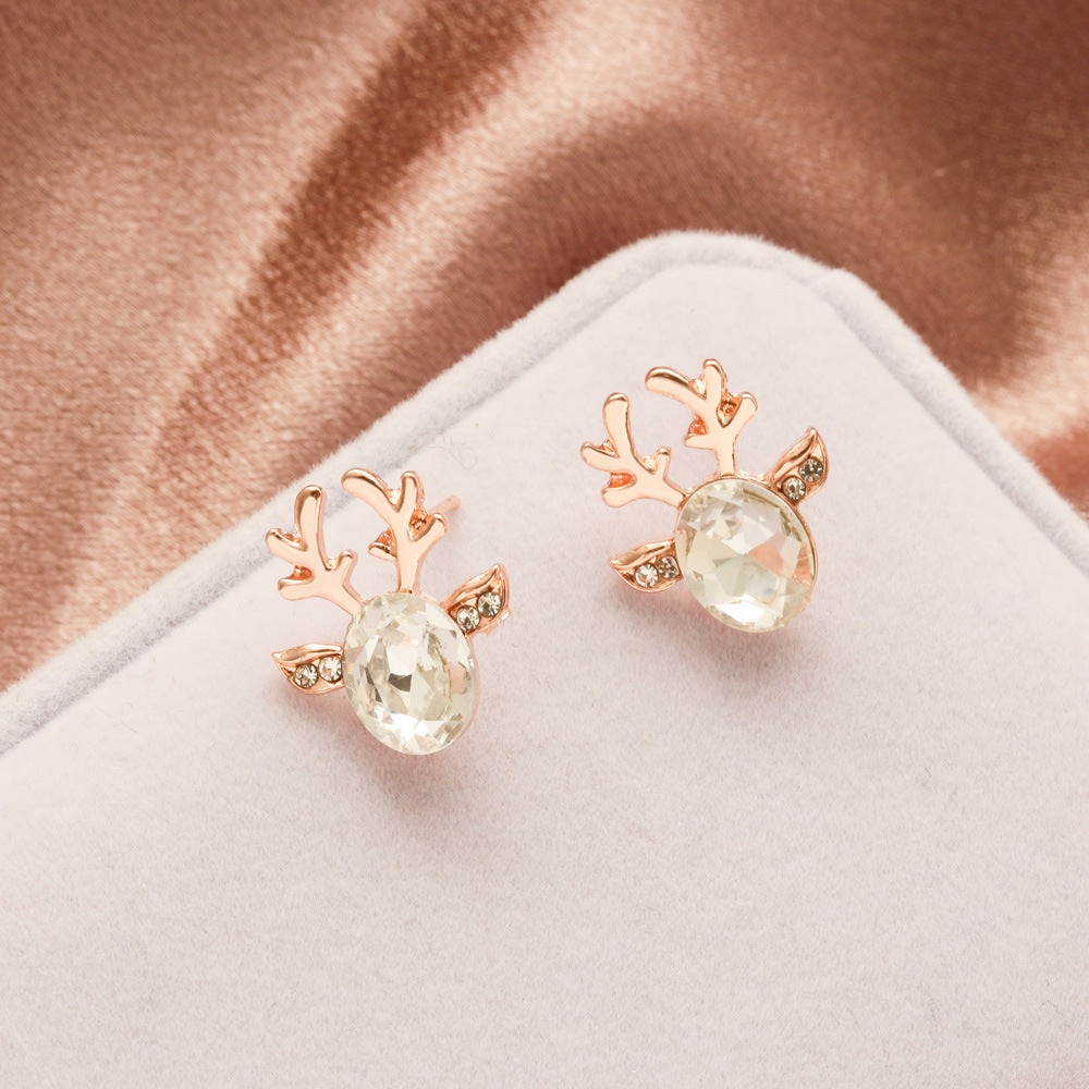 Pendientes de tuerca coreanos con astas de ciervo de cristal para mujer, joyería navideña, aretes sin colgantes con forma de animal, a la moda