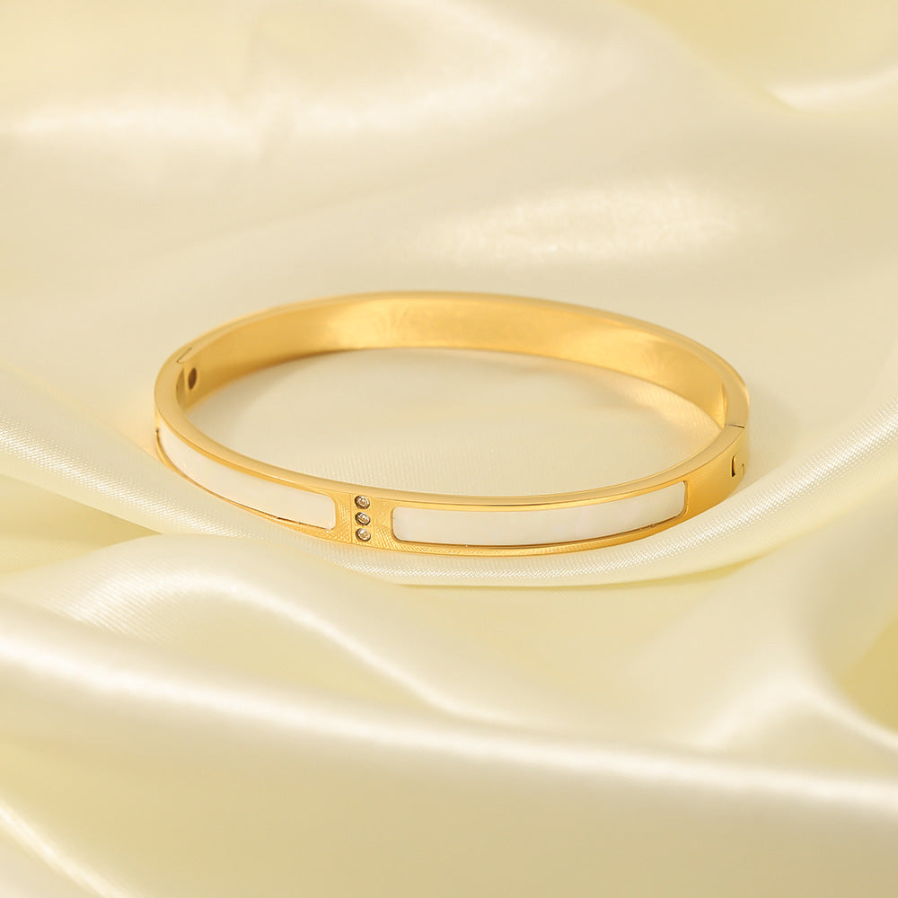 Minimalist Titanium Steel Bracelet with White Abalone Inlay and Rhinestone Accents, 18K Gold Plated for Fade-Resistant Finish