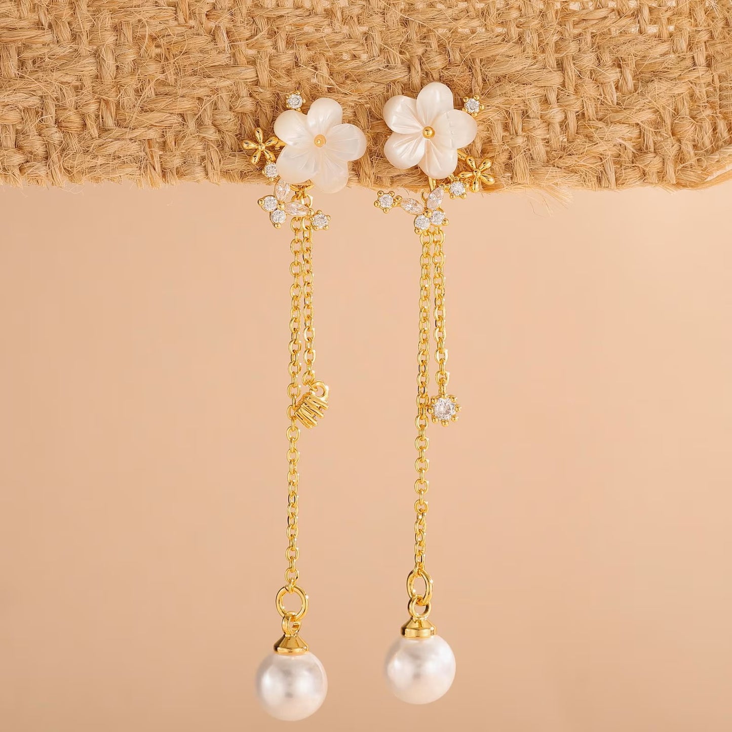 Geometric Round Brass Gold Plated Cubic Zirconia and Imitation Pearl Drop Earrings for Women