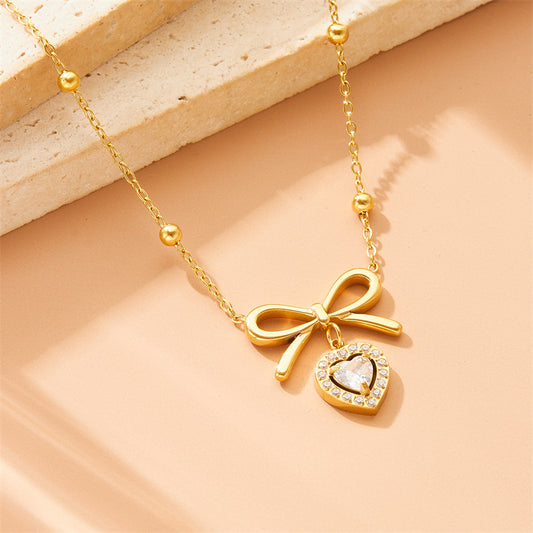 Luxury Office Chic Stainless Steel Rhinestone Heart and Bow Pendant Necklace Box Chain